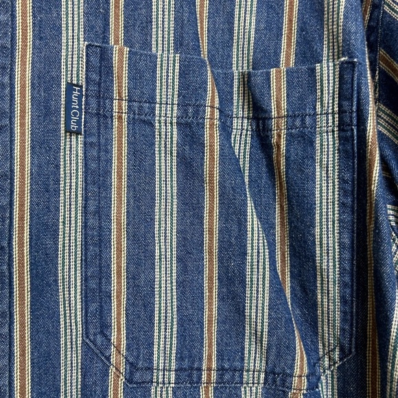 90s Mens Pinstriped Long Sleeve Denim Shirt Band Collar Hunt Club Size XL - Picture 4 of 15